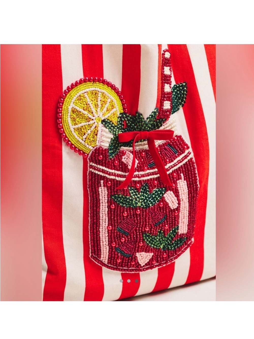 Brand New Anthropologie Red & White Striped Women’s Tote with Beaded Cocktail